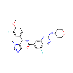 COc1ccc([C@H](NC(=O)c2cc(F)c3cnc(NC4CCOCC4)nc3c2)c2cncn2C)cc1F ZINC000205048936