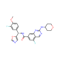 COc1ccc([C@H](NC(=O)c2cc(F)c3cnc(NC4CCOCC4)nc3c2)c2cnco2)cc1F ZINC000205053835