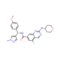 COc1ccc([C@H](NC(=O)c2cc(F)c3cnc(NC4CCOCC4)nc3c2)c2cnn(C)c2)cc1 ZINC000205151630