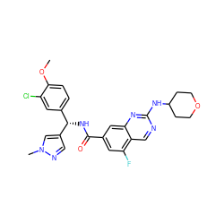 COc1ccc([C@H](NC(=O)c2cc(F)c3cnc(NC4CCOCC4)nc3c2)c2cnn(C)c2)cc1Cl ZINC000207557898