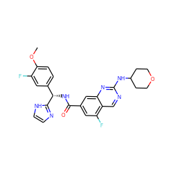 COc1ccc([C@H](NC(=O)c2cc(F)c3cnc(NC4CCOCC4)nc3c2)c2ncc[nH]2)cc1F ZINC000205152644