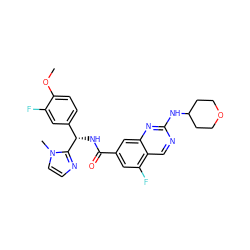 COc1ccc([C@H](NC(=O)c2cc(F)c3cnc(NC4CCOCC4)nc3c2)c2nccn2C)cc1F ZINC000205152622