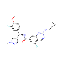 COc1ccc([C@H](NC(=O)c2cc(F)c3cnc(NCC4CC4)nc3c2)c2cnn(C)c2)cc1F ZINC000207555089