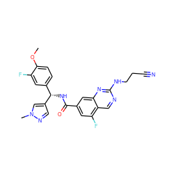 COc1ccc([C@H](NC(=O)c2cc(F)c3cnc(NCCC#N)nc3c2)c2cnn(C)c2)cc1F ZINC000205062888