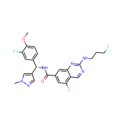 COc1ccc([C@H](NC(=O)c2cc(F)c3cnc(NCCCF)nc3c2)c2cnn(C)c2)cc1F ZINC000205064482