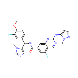 COc1ccc([C@H](NC(=O)c2cc(F)c3cnc(Nc4ccnn4C)nc3c2)c2cncn2C)cc1F ZINC000205053198