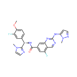 COc1ccc([C@H](NC(=O)c2cc(F)c3cnc(Nc4ccnn4C)nc3c2)c2nccn2C)cc1F ZINC000205057789