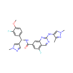 COc1ccc([C@H](NC(=O)c2cc(F)c3cnc(Nc4cn(C)nc4C)nc3c2)c2cnn(C)c2)cc1F ZINC000205061893