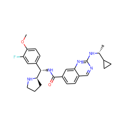 COc1ccc([C@H](NC(=O)c2ccc3cnc(N[C@H](C)C4CC4)nc3c2)[C@H]2CCCN2)cc1F ZINC000207540319