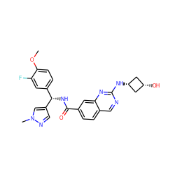 COc1ccc([C@H](NC(=O)c2ccc3cnc(N[C@H]4C[C@@H](O)C4)nc3c2)c2cnn(C)c2)cc1F ZINC001772602246