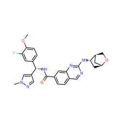 COc1ccc([C@H](NC(=O)c2ccc3cnc(N[C@H]4C[C@H]5C[C@@H]4CO5)nc3c2)c2cnn(C)c2)cc1F ZINC000205152525