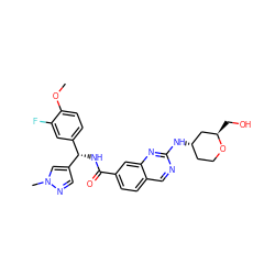 COc1ccc([C@H](NC(=O)c2ccc3cnc(N[C@H]4CCO[C@H](CO)C4)nc3c2)c2cnn(C)c2)cc1F ZINC000205050169