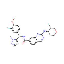 COc1ccc([C@H](NC(=O)c2ccc3cnc(N[C@H]4CCOC[C@H]4F)nc3c2)c2ccnn2C)cc1F ZINC000205035381