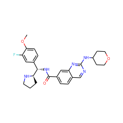 COc1ccc([C@H](NC(=O)c2ccc3cnc(NC4CCOCC4)nc3c2)[C@H]2CCCN2)cc1F ZINC000207540194