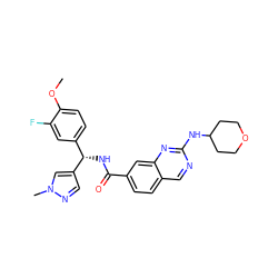 COc1ccc([C@H](NC(=O)c2ccc3cnc(NC4CCOCC4)nc3c2)c2cnn(C)c2)cc1F ZINC000207545170
