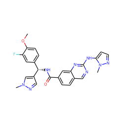 COc1ccc([C@H](NC(=O)c2ccc3cnc(Nc4ccnn4C)nc3c2)c2cnn(C)c2)cc1F ZINC000150205554