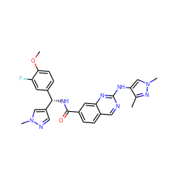 COc1ccc([C@H](NC(=O)c2ccc3cnc(Nc4cn(C)nc4C)nc3c2)c2cnn(C)c2)cc1F ZINC000205050267