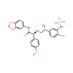 COc1ccc([C@H](NC[C@H](O)c2ccc(O)c(NS(C)(=O)=O)c2)C(=O)Nc2ccc3c(c2)OCO3)cc1 ZINC000027106405
