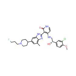 COc1ccc([C@H](O)CNc2cc[nH]c(=O)c2-c2nc3c(C)cc(C4CCN(CCCF)CC4)cc3[nH]2)cc1Cl ZINC000044406443