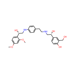 COc1ccc([C@H](O)CNc2ccc(CCNC[C@H](O)c3ccc(O)c(CO)c3)cc2)c(OC)c1 ZINC000073240778