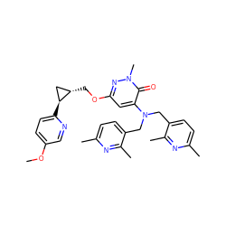 COc1ccc([C@H]2C[C@@H]2COc2cc(N(Cc3ccc(C)nc3C)Cc3ccc(C)nc3C)c(=O)n(C)n2)nc1 ZINC000218376697