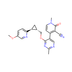 COc1ccc([C@H]2C[C@@H]2COc2nc(C)ncc2-c2ccn(C)c(=O)c2C#N)nc1 ZINC000209429126