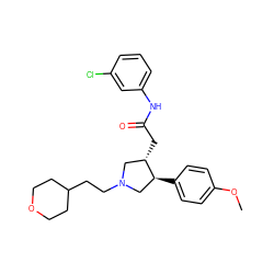 COc1ccc([C@H]2CN(CCC3CCOCC3)C[C@@H]2CC(=O)Nc2cccc(Cl)c2)cc1 ZINC000071329919