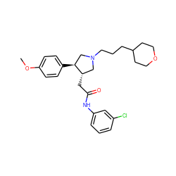 COc1ccc([C@H]2CN(CCCC3CCOCC3)C[C@@H]2CC(=O)Nc2cccc(Cl)c2)cc1 ZINC000071296556