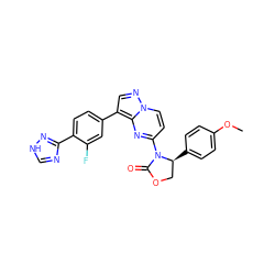 COc1ccc([C@H]2COC(=O)N2c2ccn3ncc(-c4ccc(-c5nc[nH]n5)c(F)c4)c3n2)cc1 ZINC000165203748