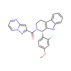 COc1ccc([C@H]2c3[nH]c4ccccc4c3CCN2C(=O)c2cc3ncccn3n2)c(F)c1 ZINC000012202181