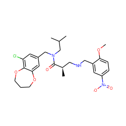 COc1ccc([N+](=O)[O-])cc1CNC[C@@H](C)C(=O)N(Cc1cc(Cl)c2c(c1)OCCCO2)CC(C)C ZINC000148794683