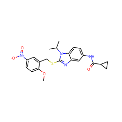 COc1ccc([N+](=O)[O-])cc1CSc1nc2cc(NC(=O)C3CC3)ccc2n1C(C)C ZINC000028525222