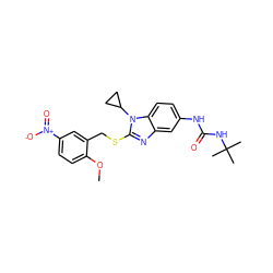 COc1ccc([N+](=O)[O-])cc1CSc1nc2cc(NC(=O)NC(C)(C)C)ccc2n1C1CC1 ZINC000028523620