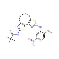 COc1ccc([N+](=O)[O-])cc1Nc1nc2c(s1)CCCCc1nc(NC(=O)C(C)(C)C)sc1-2 ZINC000209984155