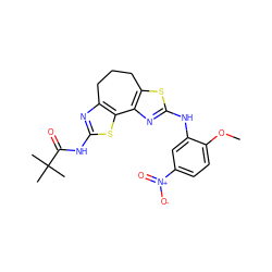 COc1ccc([N+](=O)[O-])cc1Nc1nc2c(s1)CCCc1nc(NC(=O)C(C)(C)C)sc1-2 ZINC000299830556