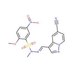 COc1ccc([N+](=O)[O-])cc1S(=O)(=O)N(C)/N=C/c1cnn2ccc(C#N)cc12 ZINC000073197954