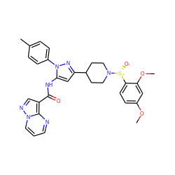 COc1ccc([S@@+]([O-])N2CCC(c3cc(NC(=O)c4cnn5cccnc45)n(-c4ccc(C)cc4)n3)CC2)c(OC)c1 ZINC000145888065