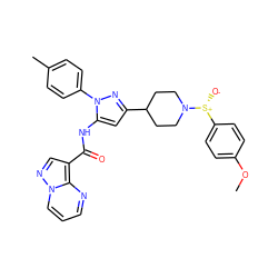 COc1ccc([S@@+]([O-])N2CCC(c3cc(NC(=O)c4cnn5cccnc45)n(-c4ccc(C)cc4)n3)CC2)cc1 ZINC000143376618