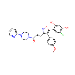 COc1ccc(-c2c(/C=C/C(=O)N3CCN(c4ccccn4)CC3)noc2-c2cc(Cl)c(O)cc2O)cc1 ZINC000299827319