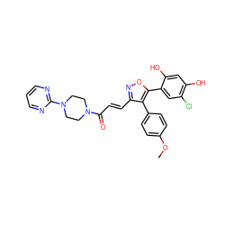 COc1ccc(-c2c(/C=C/C(=O)N3CCN(c4ncccn4)CC3)noc2-c2cc(Cl)c(O)cc2O)cc1 ZINC000299828075