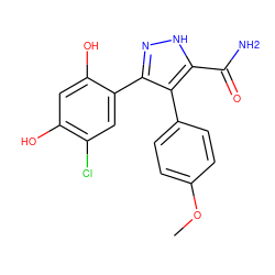 COc1ccc(-c2c(-c3cc(Cl)c(O)cc3O)n[nH]c2C(N)=O)cc1 ZINC000004617890