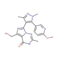 COc1ccc(-c2c(-c3nc(CO)c4c(=O)[nH]c(C)nn34)c(C)nn2C)cn1 ZINC001772581972