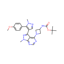 COc1ccc(-c2c(-c3nn(C)c4ncnc(N5CC(NC(=O)OC(C)(C)C)C5)c34)cnn2C)cc1 ZINC000169706084