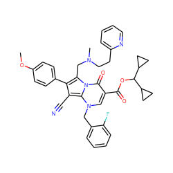 COc1ccc(-c2c(C#N)c3n(Cc4ccccc4F)cc(C(=O)OC(C4CC4)C4CC4)c(=O)n3c2CN(C)CCc2ccccn2)cc1 ZINC000027320378