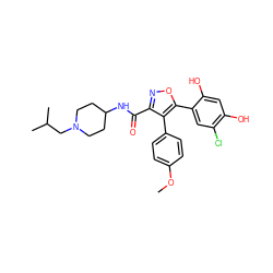 COc1ccc(-c2c(C(=O)NC3CCN(CC(C)C)CC3)noc2-c2cc(Cl)c(O)cc2O)cc1 ZINC000299826071