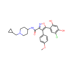 COc1ccc(-c2c(C(=O)NC3CCN(CC4CC4)CC3)noc2-c2cc(Cl)c(O)cc2O)cc1 ZINC000299841334