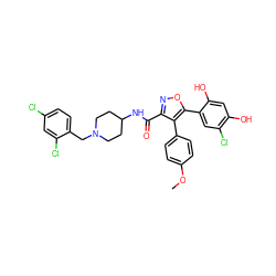 COc1ccc(-c2c(C(=O)NC3CCN(Cc4ccc(Cl)cc4Cl)CC3)noc2-c2cc(Cl)c(O)cc2O)cc1 ZINC000299820529