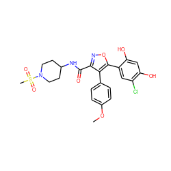 COc1ccc(-c2c(C(=O)NC3CCN(S(C)(=O)=O)CC3)noc2-c2cc(Cl)c(O)cc2O)cc1 ZINC000299832682