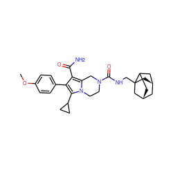 COc1ccc(-c2c(C(N)=O)c3n(c2C2CC2)CCN(C(=O)NCC24C[C@@H]5CC2C[C@H](C5)C4)C3)cc1 ZINC001772642475