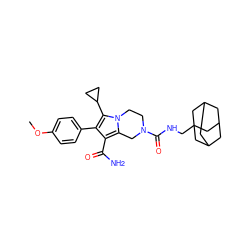 COc1ccc(-c2c(C(N)=O)c3n(c2C2CC2)CCN(C(=O)NCC24CC5CC(CC(C5)C2)C4)C3)cc1 ZINC001772602088